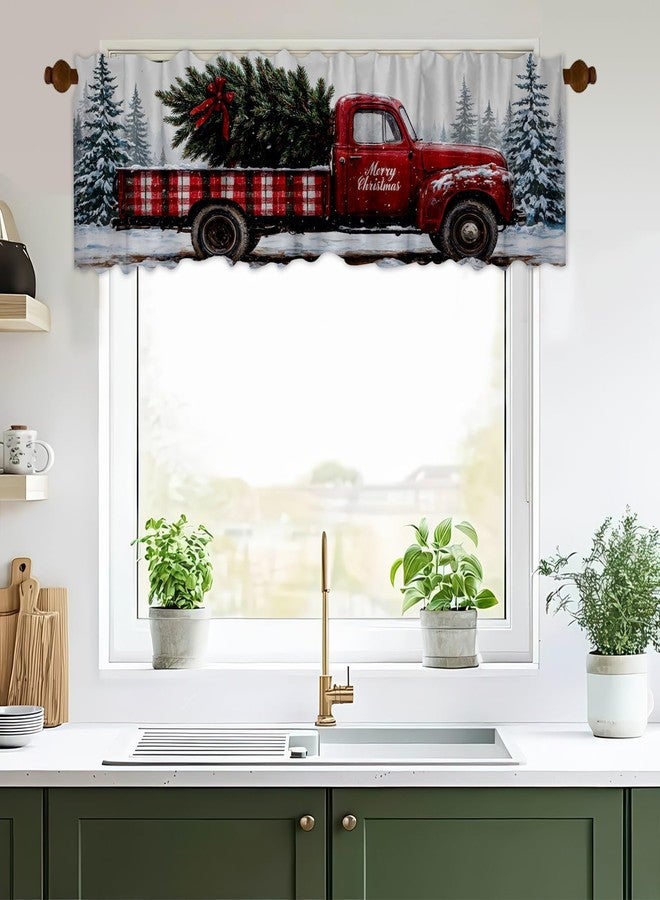 DOTOOMA 54x18 Inches 2 Panel Pine Tree Snowy Window Treatment Valance Christmas Red Truck Kitchen Blackout Drapes Bathroom Bedroom Living Room Polyester Fabric Curtains - Image 1